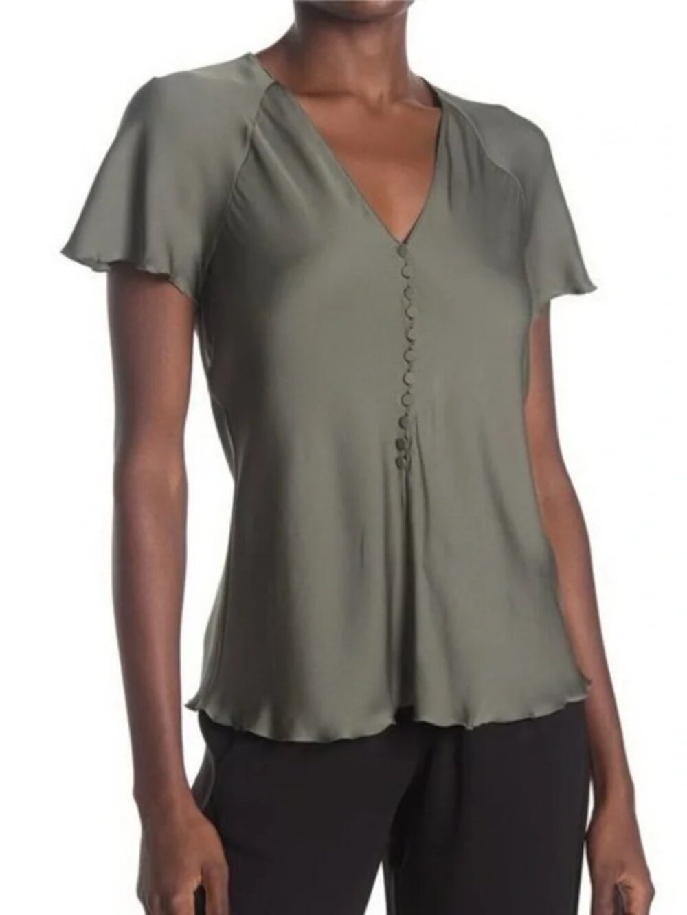 Theory Olive Green V-Neck Button Front Flutter Sleeve Silk Blouse